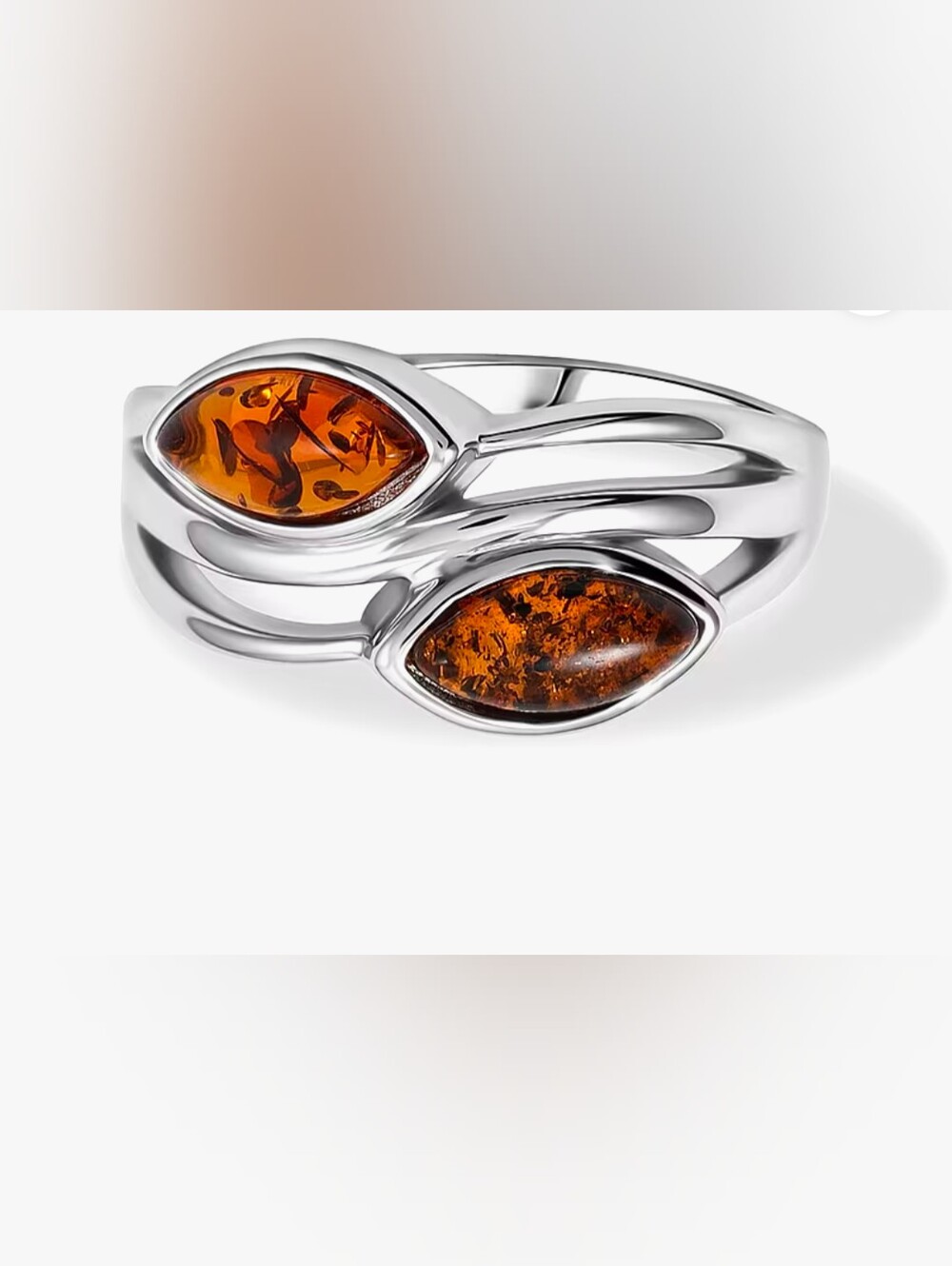 Sterling Silver Baltic Amber Leaf-Style Ring - NIB Size 7